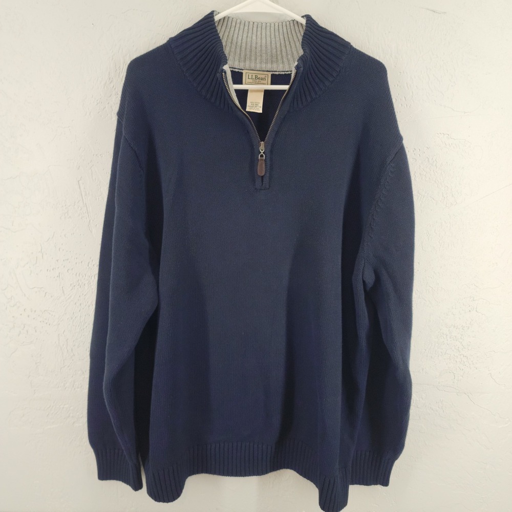LL Bean XXL Reg | Navy Blue Quarter Zip Cotton Knit‎ Sweater Fisherman Heritage